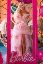 Princess A Line Off the Shoulder Light Pink Long Prom Dress with Ruffles