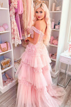 Princess A Line Off the Shoulder Light Pink Long Prom Dress with Ruffles