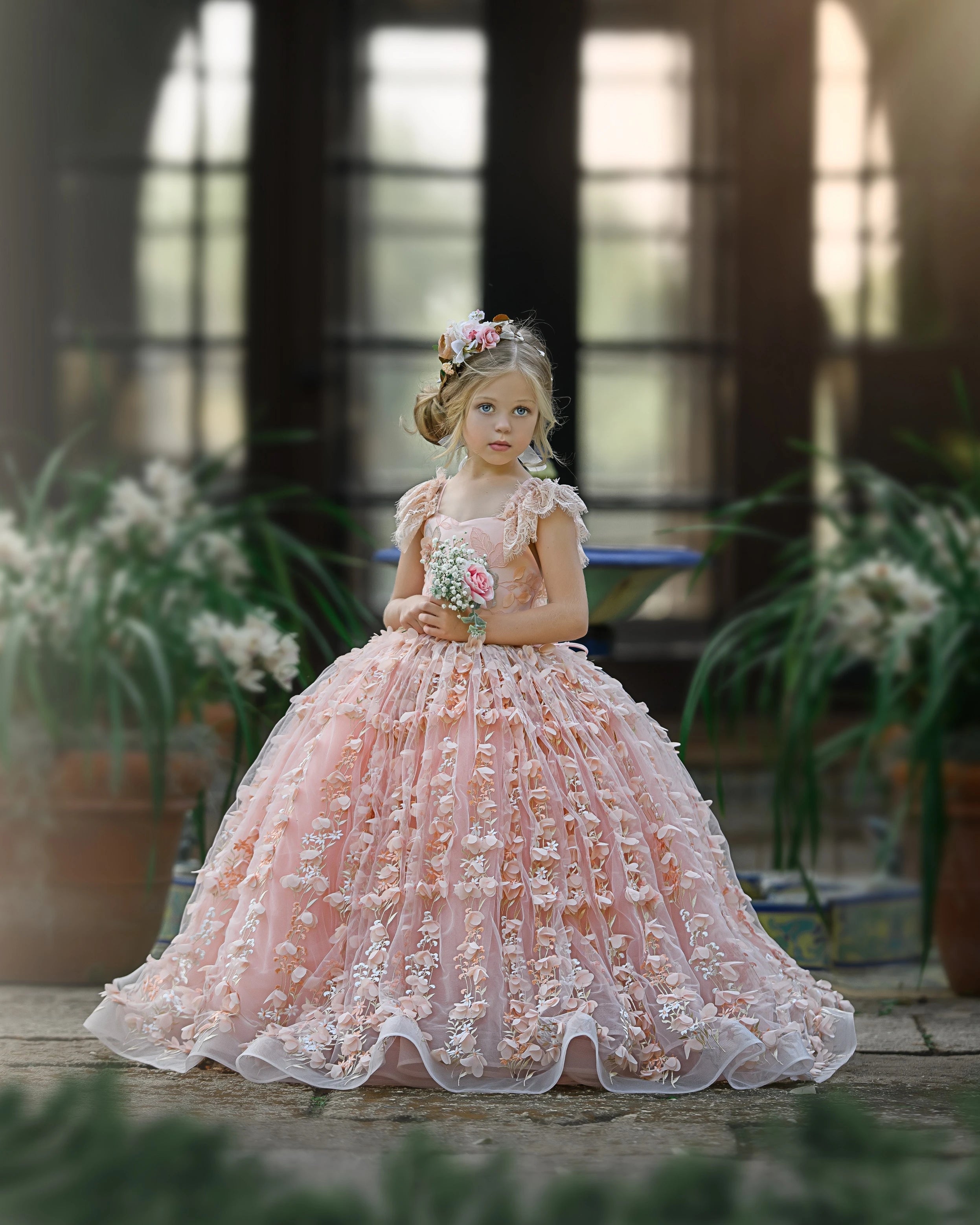 Princess Pink A-line Cap Sleeves Lace Flower Girls Dress