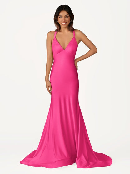 Quaylee | Yellow Mermaid V-Neck Satin Prom Dresses With Tail Evening Dress