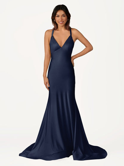 Quaylee | Yellow Mermaid V-Neck Satin Prom Dresses With Tail Evening Dress