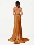 Quaylee | Yellow Mermaid V-Neck Satin Prom Dresses With Tail Evening Dress