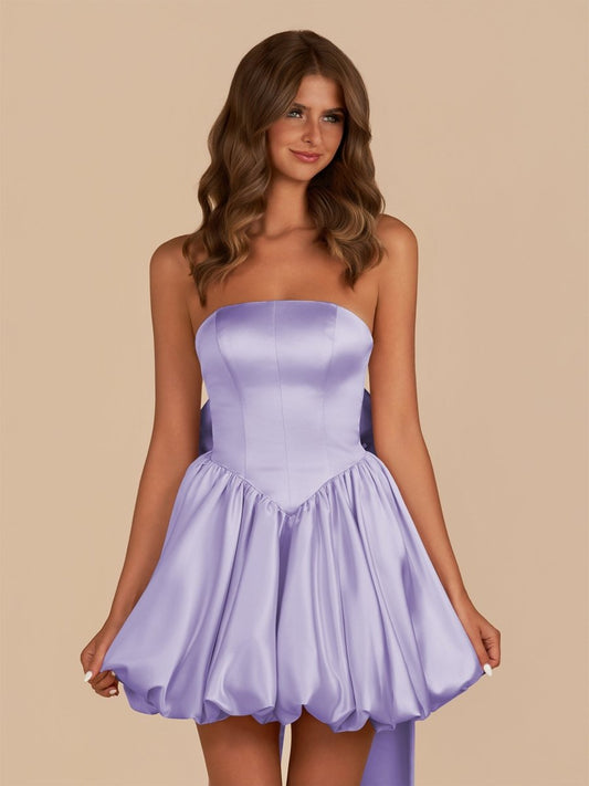 Sevoba|Lavender - Strapless A Line Satin Short Homecoming Dress With Bow
