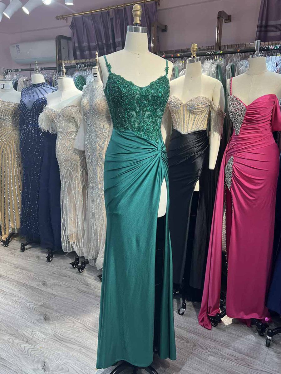 Rafenild | Green V Neck Beading Satin Long Slit Prom Dresses
