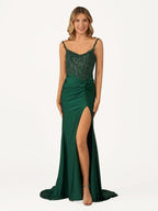 Rafenild | Green V Neck Beading Satin Long Slit Prom Dresses
