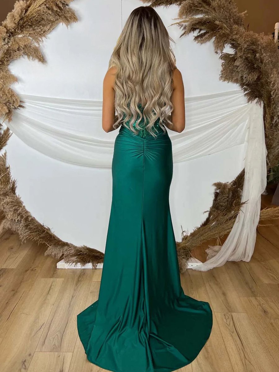 Rafenild | Green V Neck Beading Satin Long Slit Prom Dresses