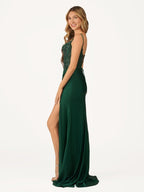 Rafenild | Green V Neck Beading Satin Long Slit Prom Dresses