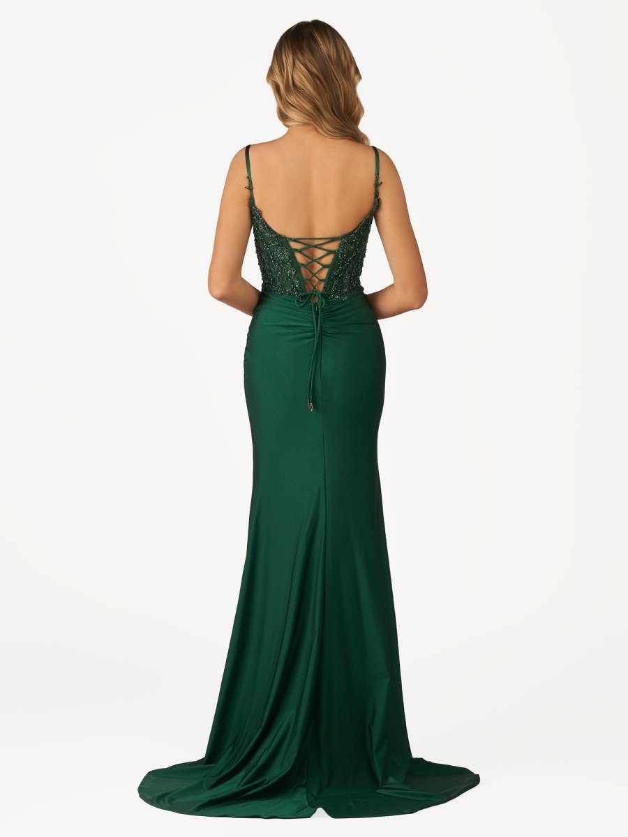 Rafenild | Green V Neck Beading Satin Long Slit Prom Dresses
