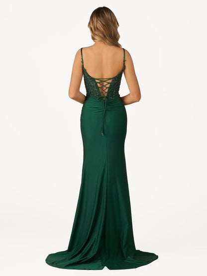 Rafenild | Green V Neck Beading Satin Long Slit Prom Dresses