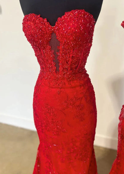 Sevoba|Black Sweetheart Lace Appliques Mermaid Long Prom Dresses