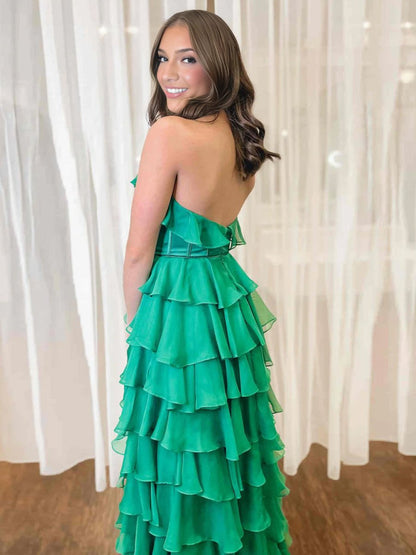 Halter Keyhole Ruffle Tiered Prom Dress with Slit