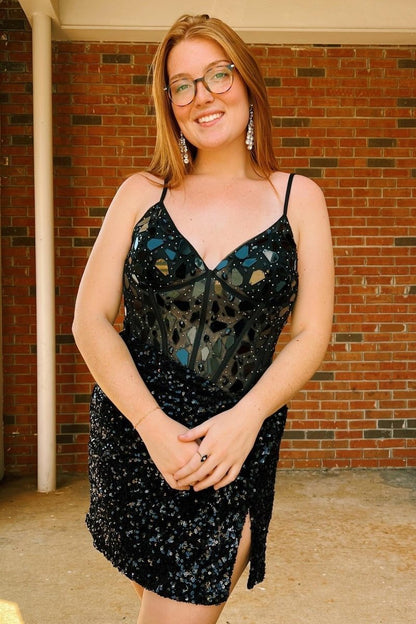 Sevoba|Mirror-Cut Sequins Halter Sheath V Neck Homecoming Dress