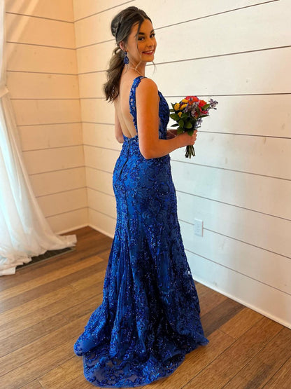 Avianna |Mermaid V Neck Sequined Lace Prom Dress with Slit