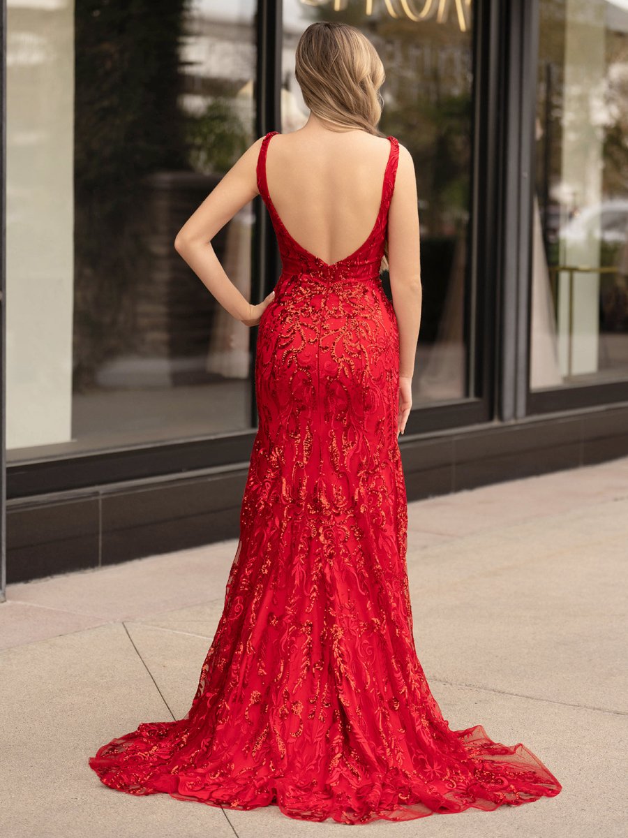 Sevoba|Mermaid V Neck Sequined Lace Prom Dress with Slit