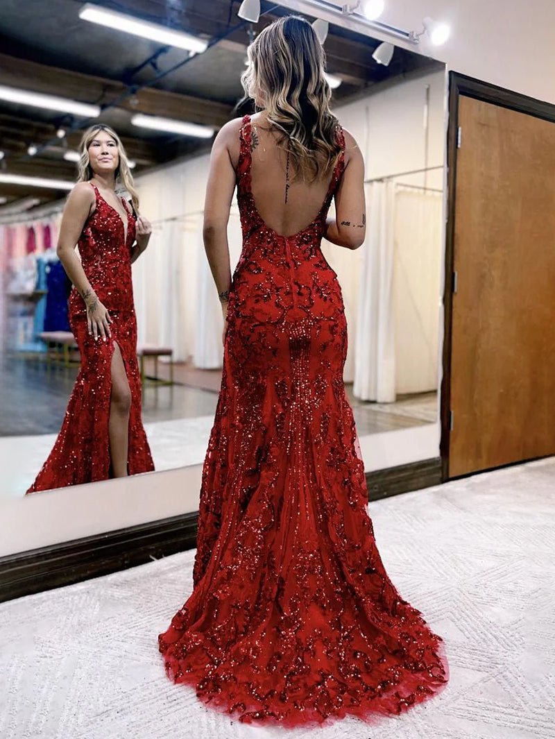 Sevoba|Mermaid V Neck Sequined Lace Prom Dress with Slit