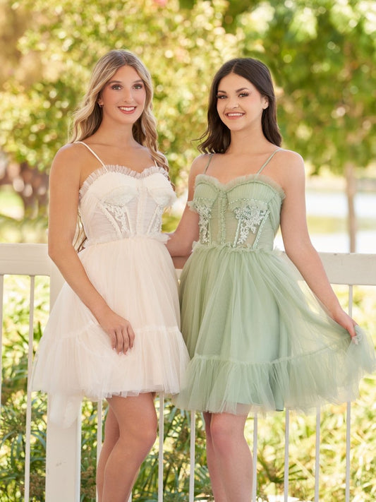 Sevoba|Spaghetti Straps Tulle Lace Appliques  Short Prom Dresses With Bow