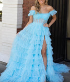 Royal Blue Off the Shoulder Ruffle Tiered Tulle Long Prom Dresses with Slit