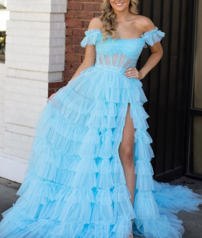 Royal Blue Off the Shoulder Ruffle Tiered Tulle Long Prom Dresses with Slit