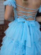 Royal Blue Off the Shoulder Ruffle Tiered Tulle Long Prom Dresses with Slit
