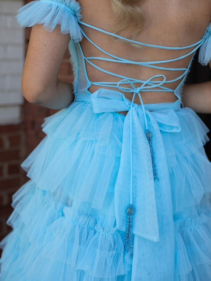 Royal Blue Off the Shoulder Ruffle Tiered Tulle Long Prom Dresses with Slit