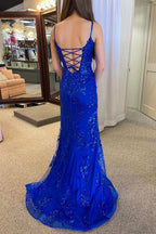 Royal Blue Plunging Neck Sweep Train Lace Prom Dress