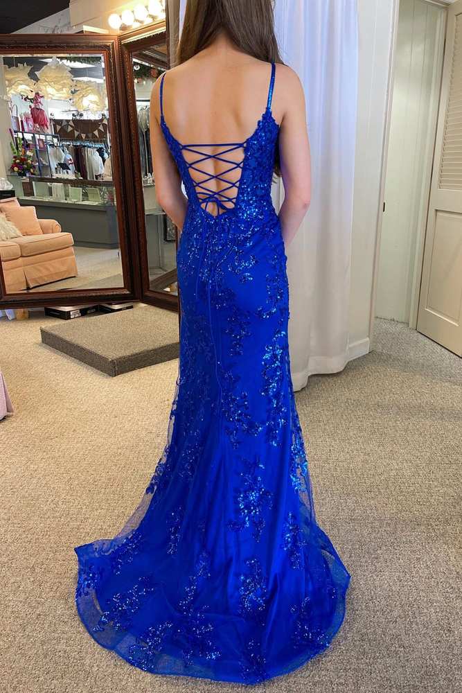 Royal Blue Plunging Neck Sweep Train Lace Prom Dress