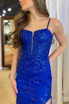 Royal Blue Plunging Neck Sweep Train Lace Prom Dress