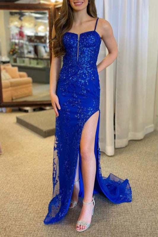 Royal Blue Plunging Neck Sweep Train Lace Prom Dress