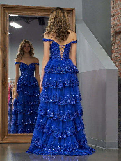 Royal Blue Princess A Line Off the Shoulder Corset Prom Dress with Lace Ruffles