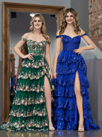 Royal Blue Princess A Line Off the Shoulder Corset Prom Dress with Lace Ruffles
