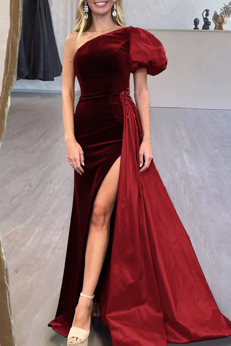 Jazmine | Royal Blue Velvet One-Shoulder Long Formal Dress with Attached Train