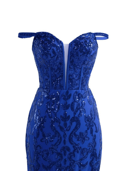 Sevoba|Sparkly Blue Sheath Sequins Long Prom Dress with Slit