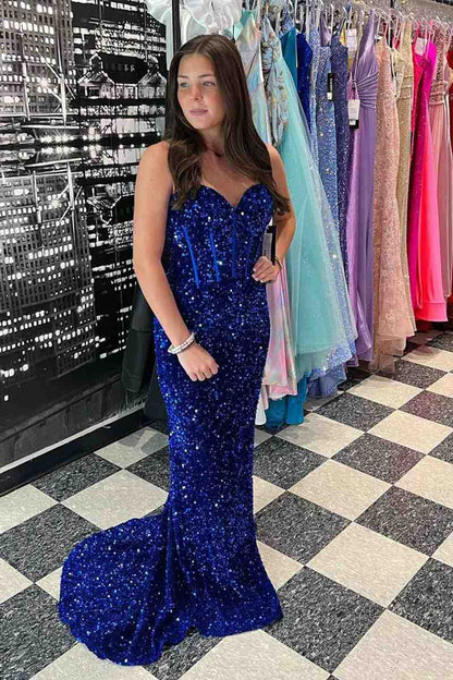 Sweetheart Mermaid Light Blue Sequin Long Prom Dress