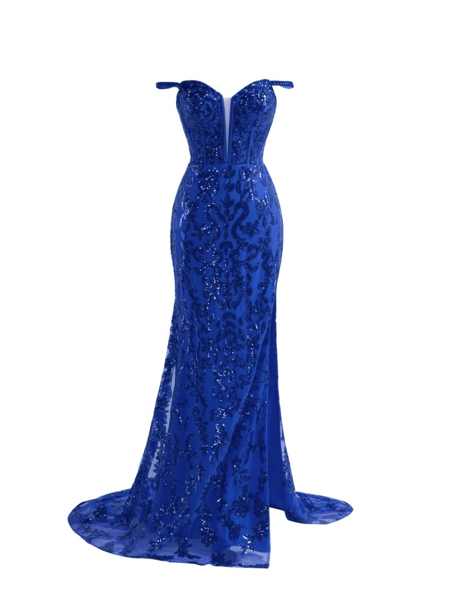 Sevoba|Sparkly Blue Sheath Sequins Long Prom Dress with Slit