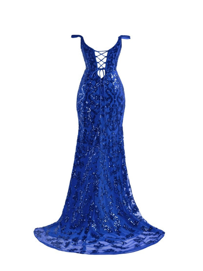 Sevoba|Sparkly Blue Sheath Sequins Long Prom Dress with Slit