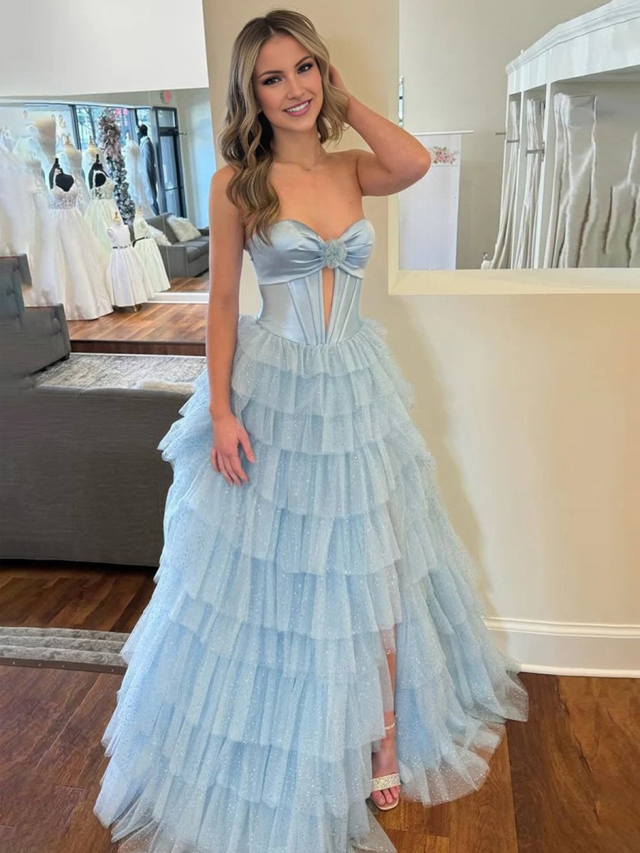 Sevoba|Fuchsia A-Line Sweetheart Keyhole Tiered Tulle Long Prom Dresses