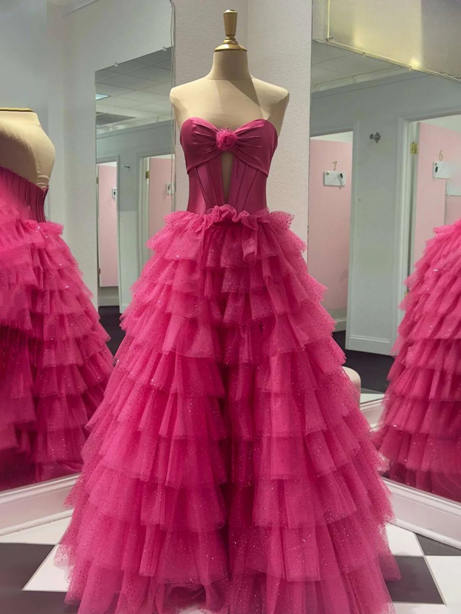 Sevoba|Fuchsia A-Line Sweetheart Keyhole Tiered Tulle Long Prom Dresses