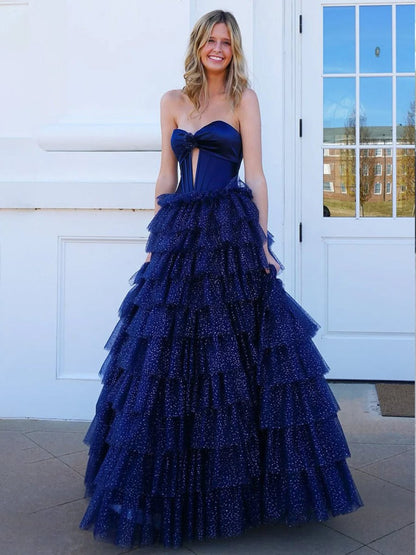 Sevoba|Fuchsia A-Line Sweetheart Keyhole Tiered Tulle Long Prom Dresses