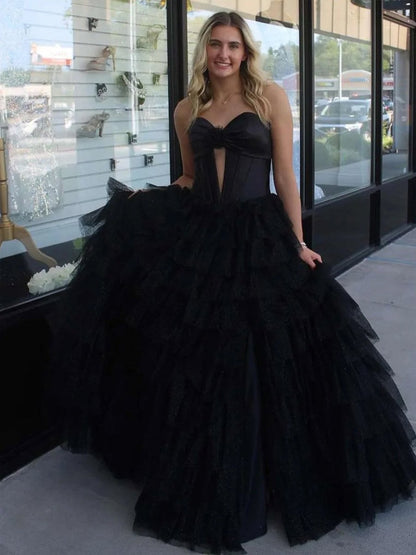 Sevoba|Fuchsia A-Line Sweetheart Keyhole Tiered Tulle Long Prom Dresses