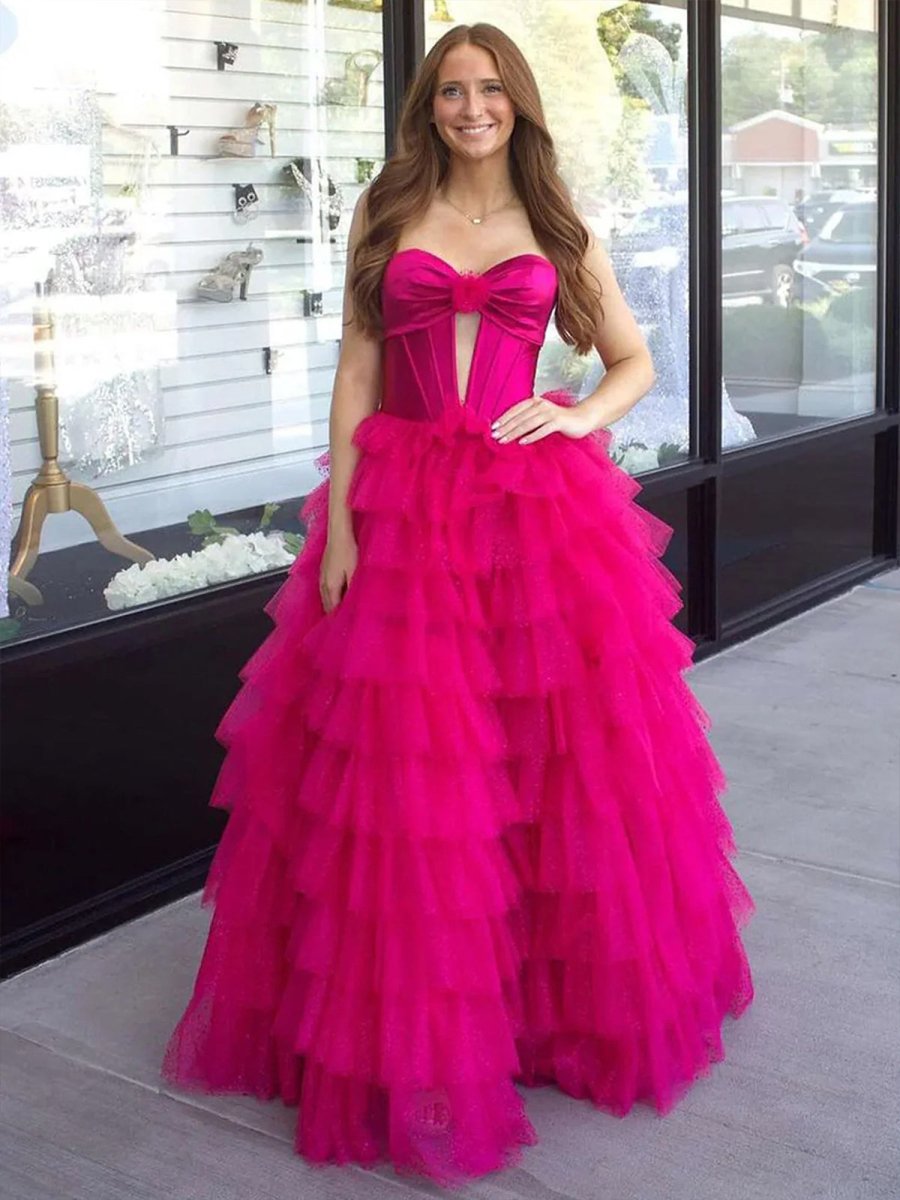 Sevoba|Fuchsia A-Line Sweetheart Keyhole Tiered Tulle Long Prom Dresses