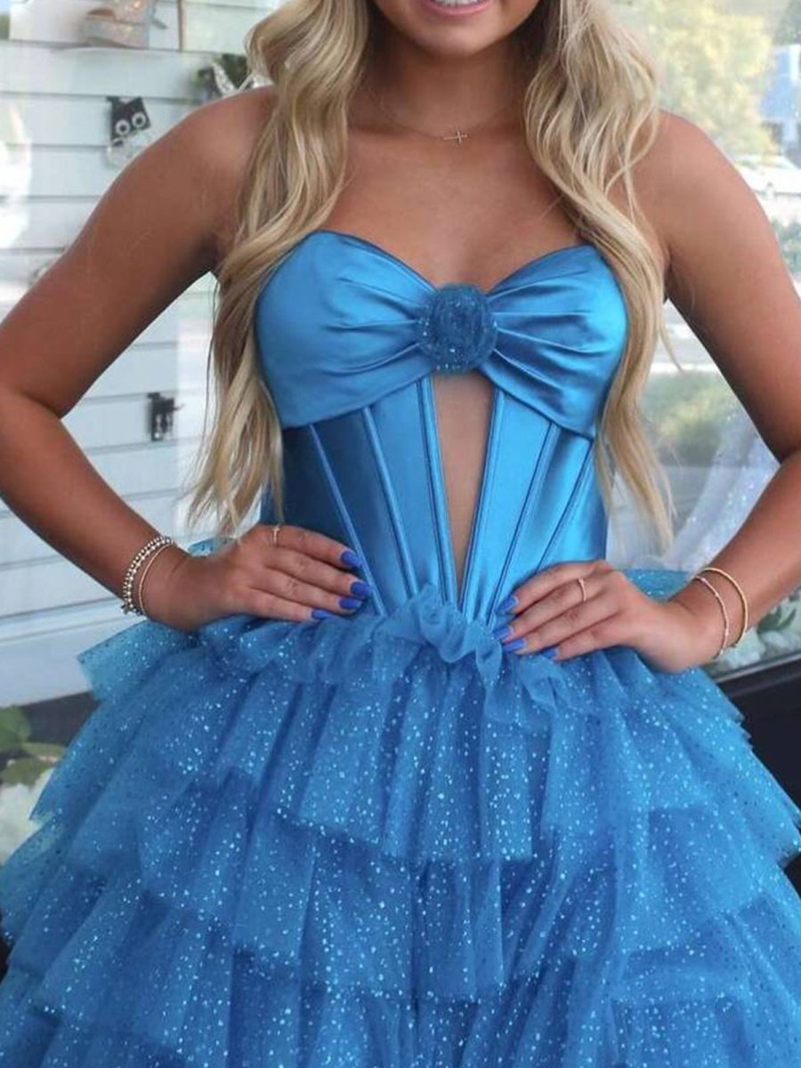 Sevoba|Fuchsia A-Line Sweetheart Keyhole Tiered Tulle Long Prom Dresses