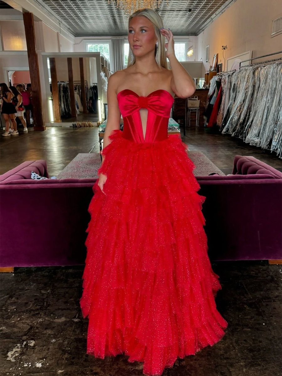 Rozara | Fuchsia A-Line Sweetheart Keyhole Tiered Tulle Long Prom Dresses