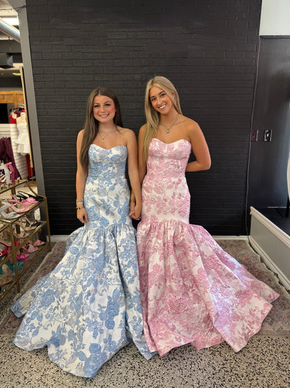 Chic Mermaid Strapless Floral Jacquard Long Prom Dress