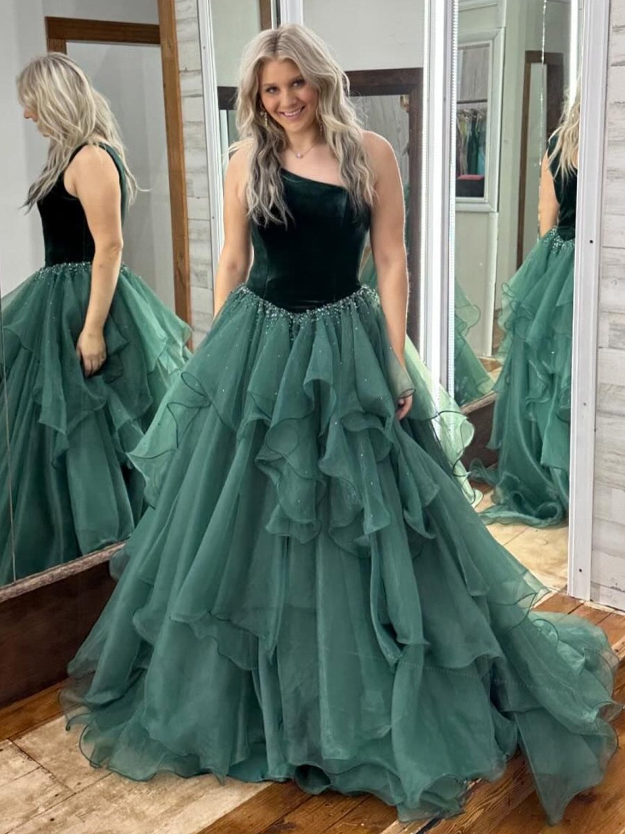 Belinda | Ruffle One Shoulder Royal Blue Velvet Top Long Formal Dress