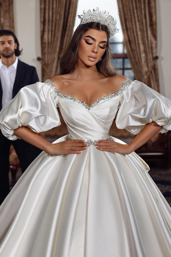 Ruffle Sleeves Ball Gown Wedding Dress Satin Elegant