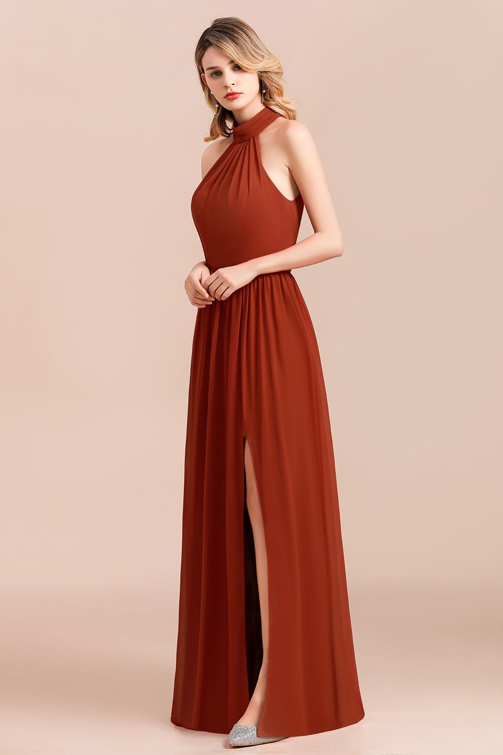 Rust Halter Long Bridesmaid dresses With Front Split