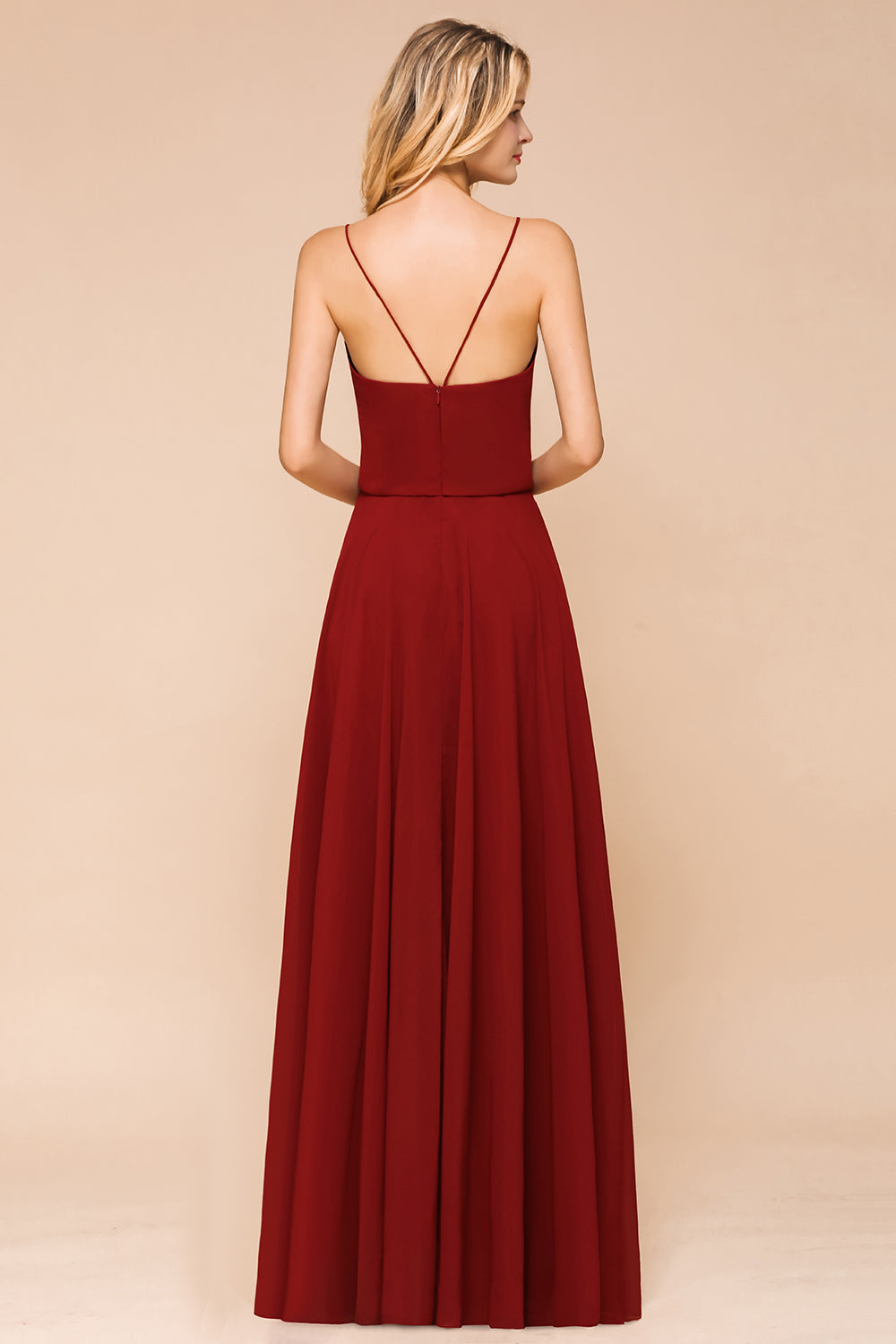 Rust Spaghetti-Starps Long Chiffon Bridesmaid dresses