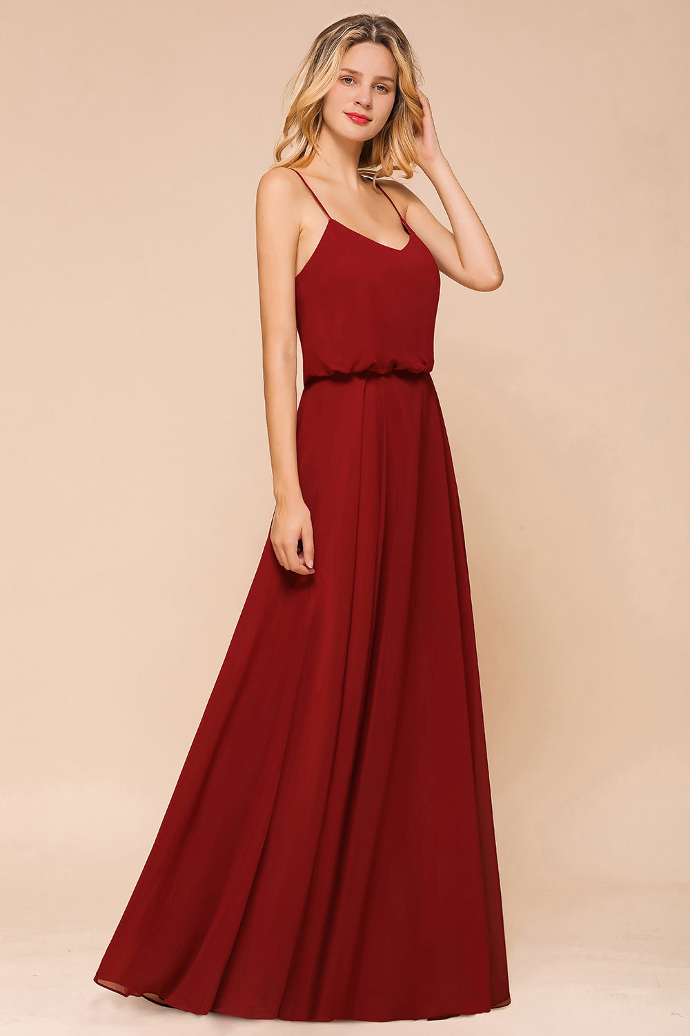 Rust Spaghetti-Starps Long Chiffon Bridesmaid dresses