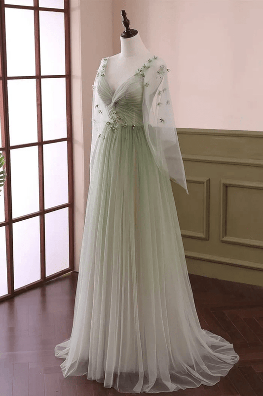 Sabina | Sage Long Sleeves A Line Tulle Prom Dress With Appliques