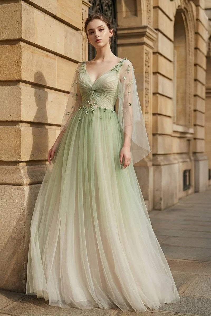 V Neck Applique Tulle A-Line Prom Dress with Sheer Sleeves and Lace-Up Back | Sevoba
